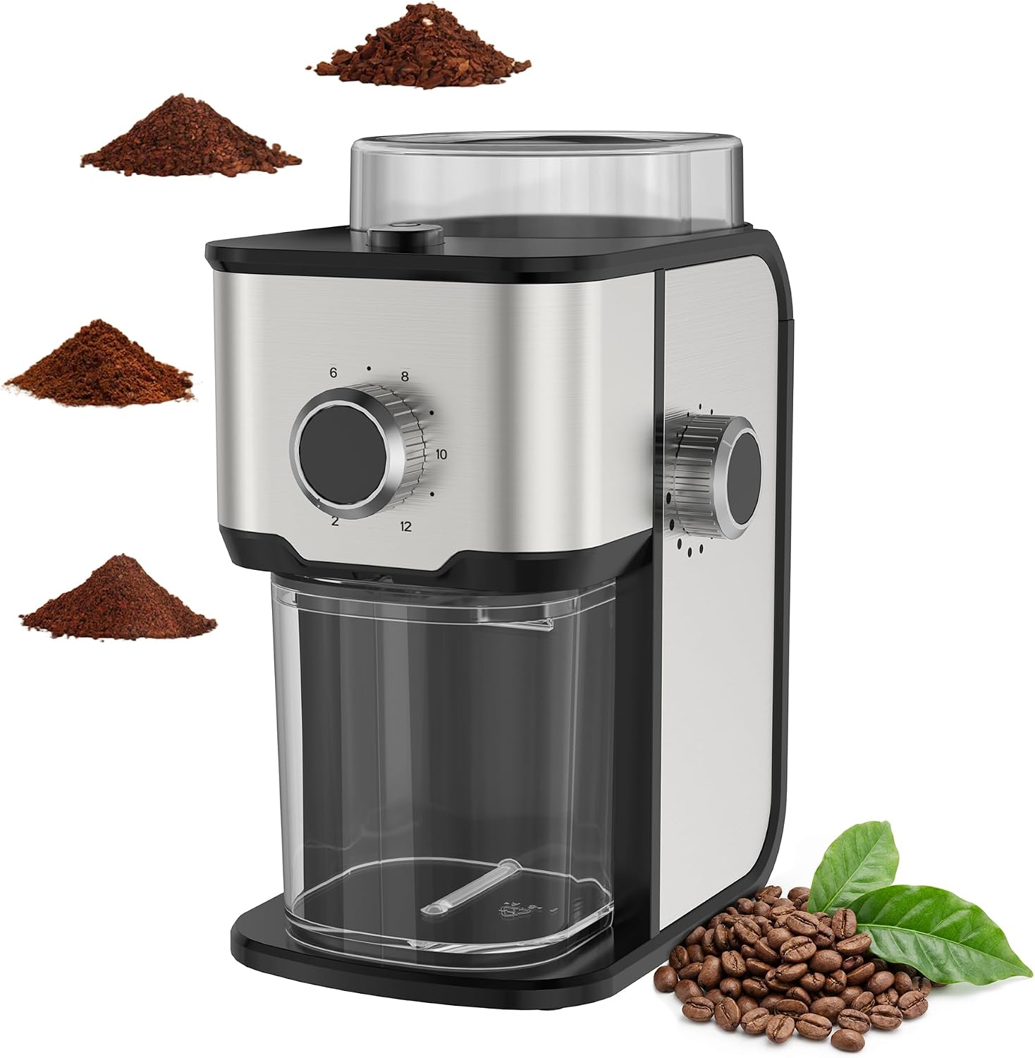 Ollygrin 14-setting flat burr coffee grinder in black and brushed stainless steel with a quantity dial on the front and a grind dial on the side
