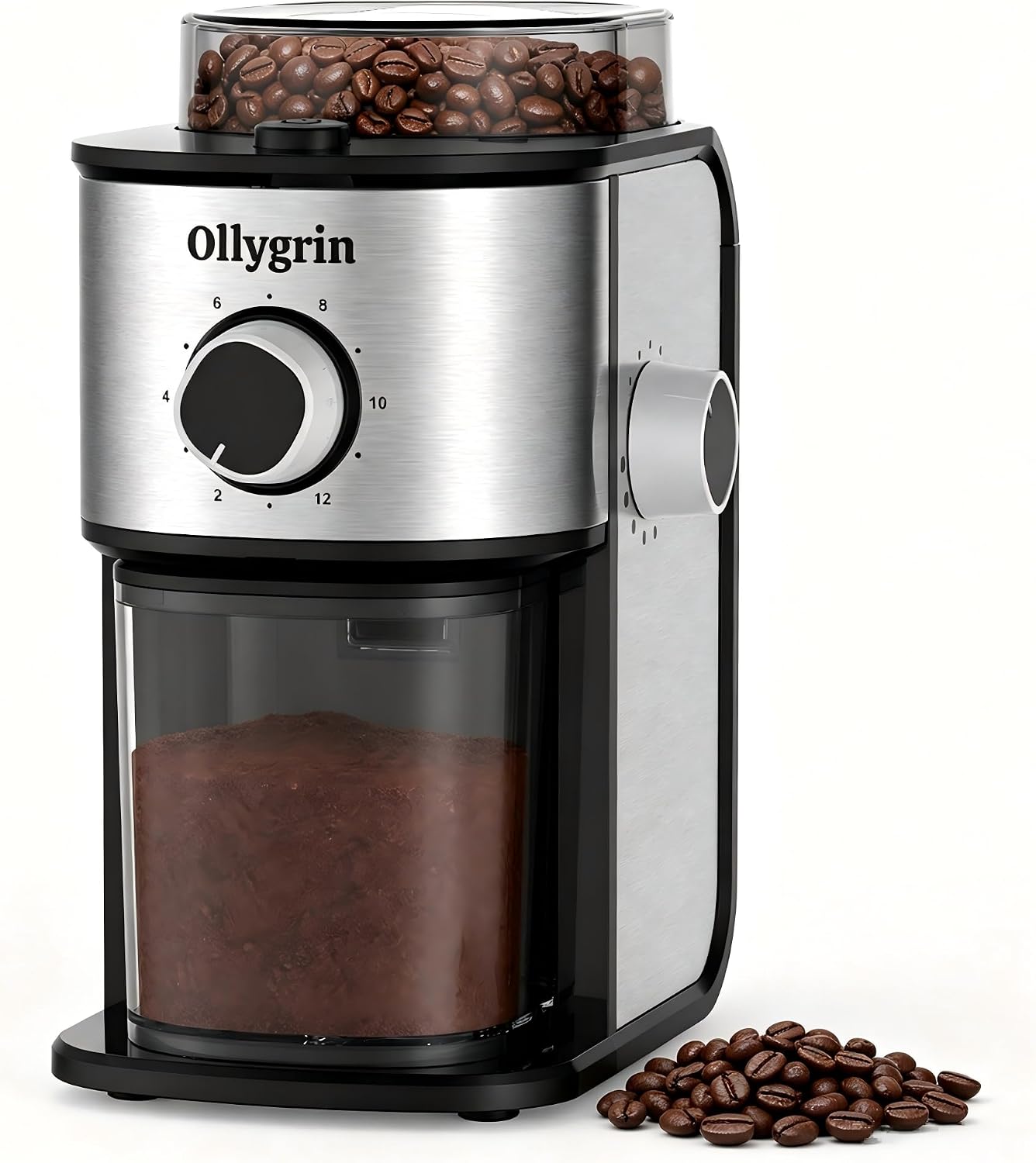Ollygrin 14-setting flat burr coffee grinder in polished silver with whole beans in the hopper and ground coffee in the front bin