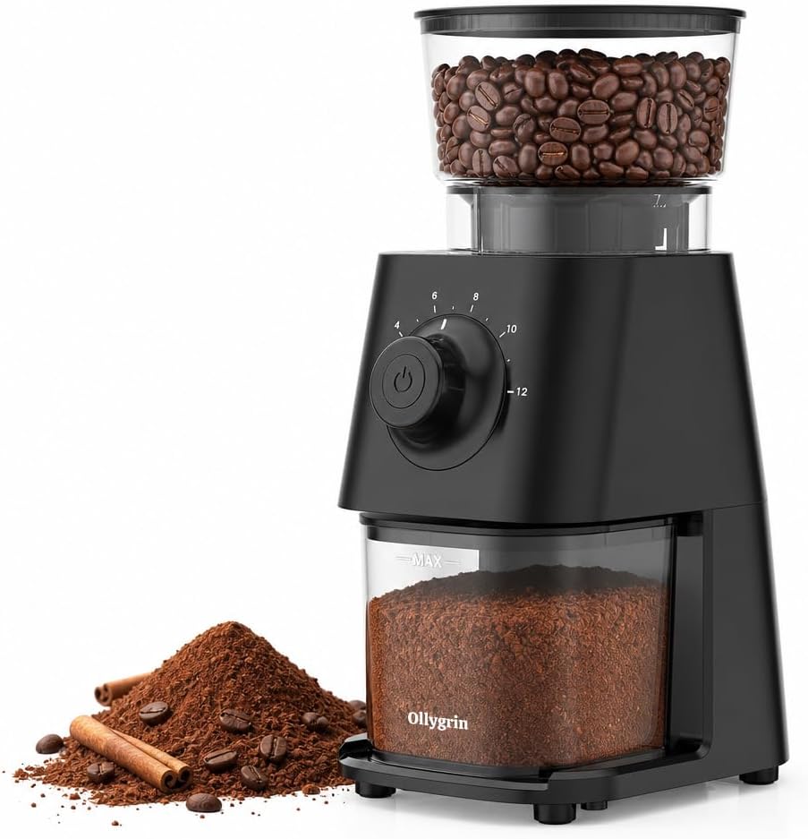 Compact black Ollygrin anti-static conical burr grinder with a grind dial on the front and fresh grounds in the clear bin
